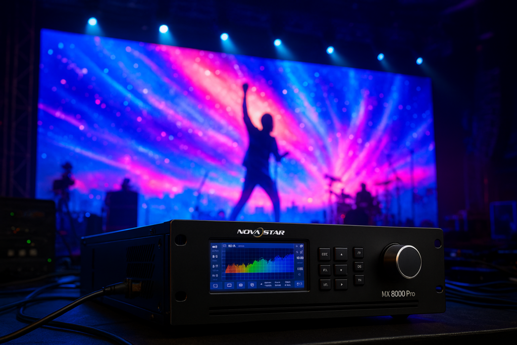 Controlador Novastar MX6000 Pro en un entorno de evento en vivo, con una pantalla LED 8K gigante al fondo, mostrando su aplicación en producciones profesionales de alto nivel.