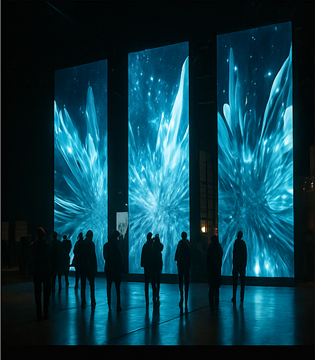 Una tarima con tres pantallas LED con contenido visual de alto impacto para marcas de lujo