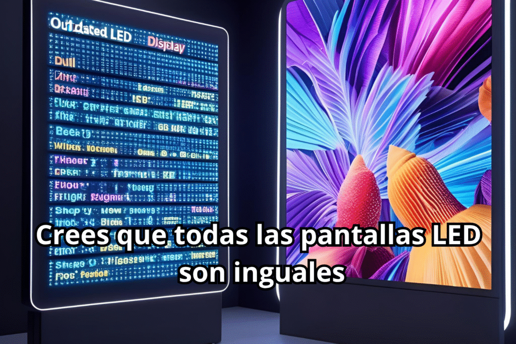 En la imagen partida en dos se rompe el mito de las pantallas LED, pues a la izquierda se ve una pantalla LED obsoleta (con baja nitidez y colores apagados). Mientras que a la derecha se observa una pantalla LED moderna (con alta definición, brillo y contraste vibrante)