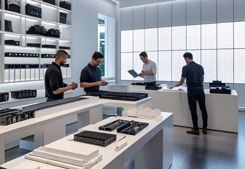 Un showroom elegante con repuestos organizados y técnicos trabajando en servicio postventa de pantallas led.