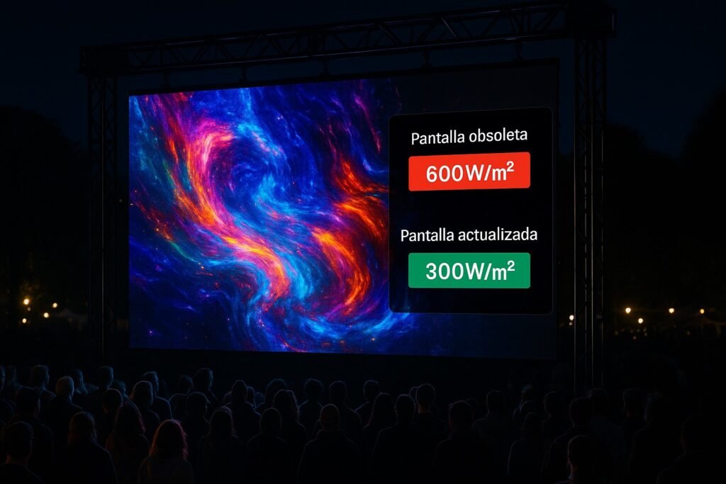 Pantallas LED modernas con letrero comparativo de bajo y alto consumo energético y público disfrutanto del evento nocturno